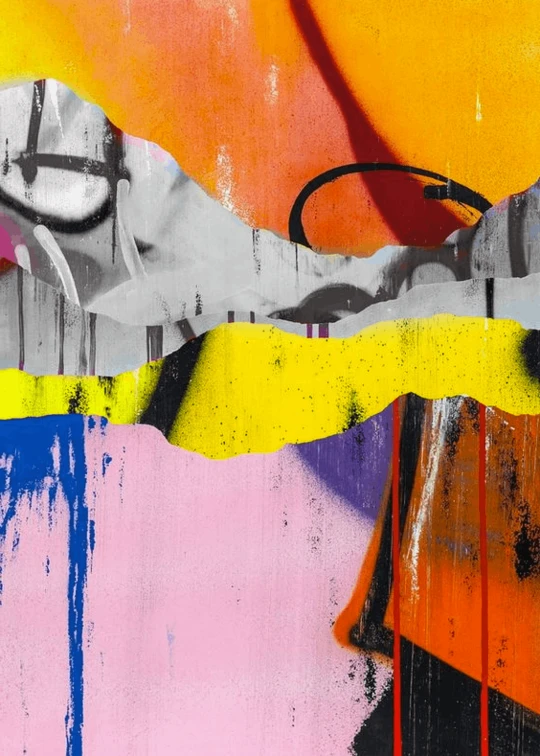 a close up of a painting on a wall, a pop art painting, inspired by Richard Hamilton, lyrical abstraction, grungy; colorful, digital collage, alexey gurylev, color splashes