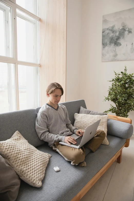 a woman sitting on a couch using a laptop, trending on pexels, a young man, hammershøi, low quality photo, environment