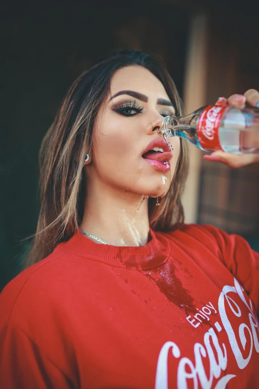 a woman drinking a coca cola cola cola cola cola cola cola cola cola cola cola cola cola, a picture, inspired by Elsa Bleda, pexels contest winner, graffiti, beautiful arab woman, wet t-shirt, mukbang, outdoor photo