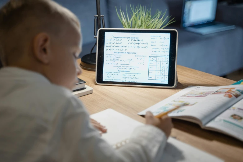 a little boy that is sitting in front of a laptop, by Matthias Stom, pexels contest winner, whiteboards, ipad pro, center focus on table, lit from the side