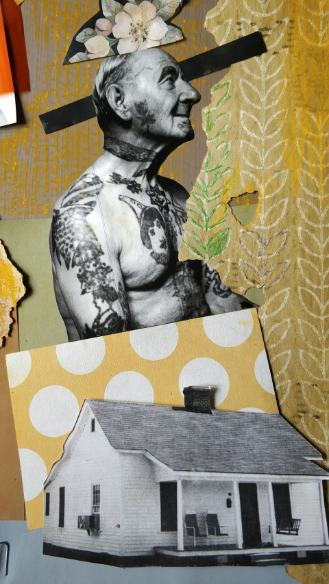 a collage of a man standing in front of a house, inspired by Rudolf Hausner, trending on pexels, conceptual art, muscular body tattooed, on yellow paper, highly_detailded, 144x144 canvas