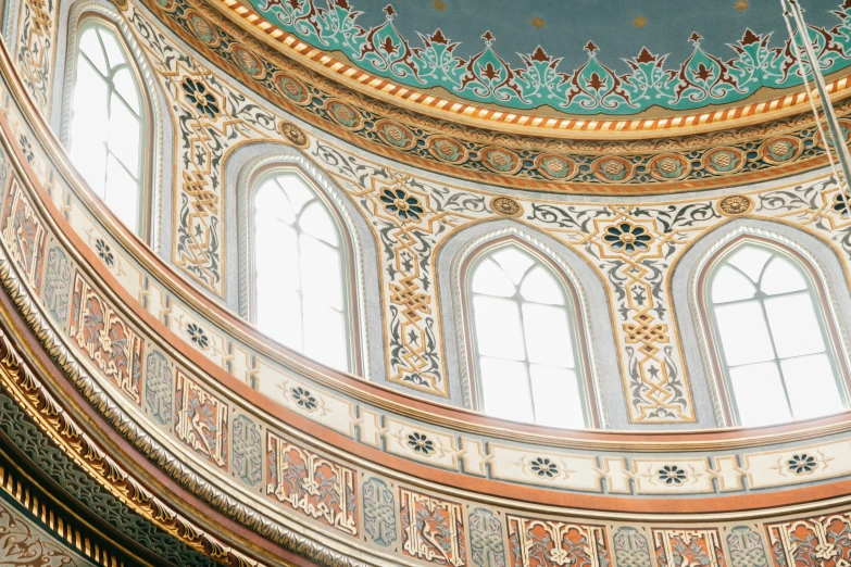 a clock hanging from the ceiling of a building, a digital rendering, by Konrad Witz, trending on unsplash, arabesque, mosque synagogue interior, finely painted, dome, gold and teal color scheme