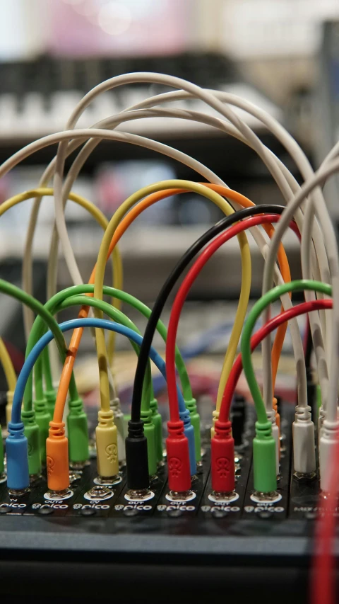 a close up of a bunch of wires on a table, inspired by W. Lindsay Cable, computer art, multi - coloured, standing in a server room, photographed for reuters, multicolor