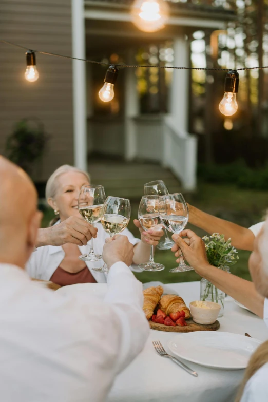 a group of people sitting around a table with wine glasses, soft outdoor light, cottagecore, profile image, white