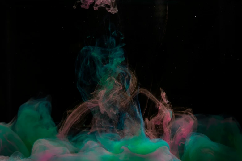 a vase filled with pink and green liquid, a hologram, inspired by Kim Keever, pexels contest winner, process art, underwater smoke, ghostly figures, black paint flows down, multi - coloured