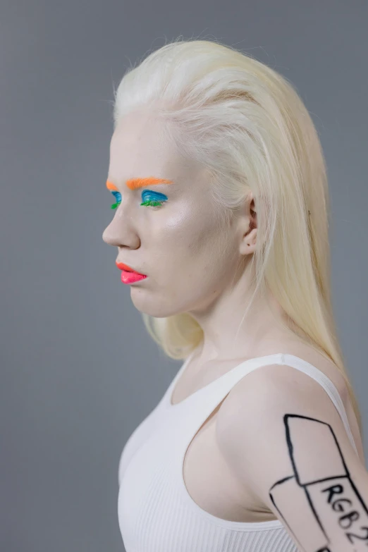 a woman with a tattoo on her arm, an album cover, inspired by Bert Stern, pop art, albino dwarf, unreal engine : : rave makeup, white neon, 1 / 4 headshot