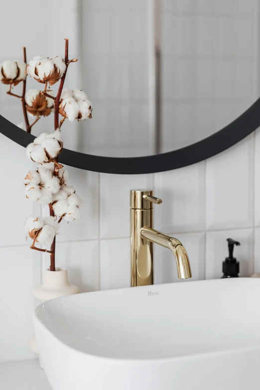a bathroom sink sitting under a mirror next to a faucet, inspired by Gabriel Ba, unsplash, flowers and gold, sustainable materials, designed for cozy aesthetics!, high quality product image”