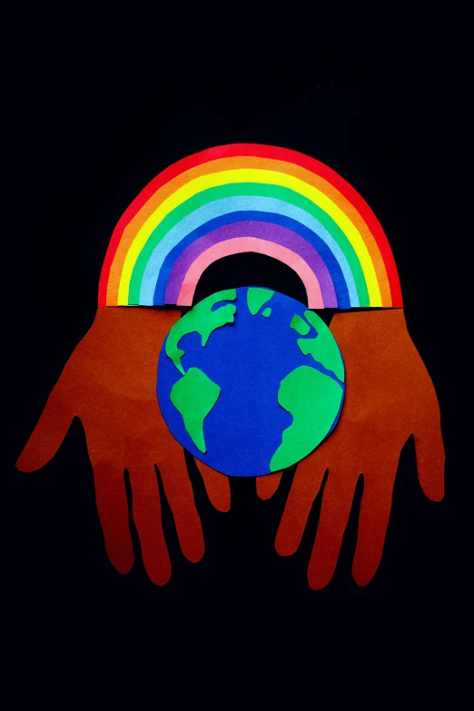 two hands holding the earth with a rainbow in the background, inspired by Jan Rustem, paper cut out, varying ethnicities, cardboard, light show