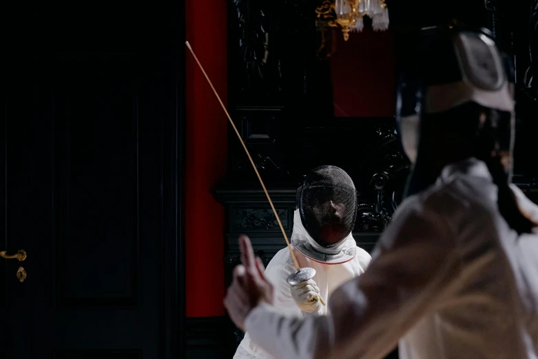 a couple of men standing next to each other, inspired by Horace Vernet, pexels contest winner, renaissance, fencing, 2 0 2 1 cinematic 4 k framegrab, maurizio cattelan, action shot