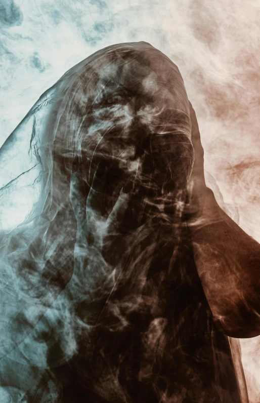 a man in a hoodedie smoking a cigarette, an album cover, unsplash contest winner, abstract illusionism, gothic wraith maiden, dust and steam, 4k symmetrical portrait, visible veins