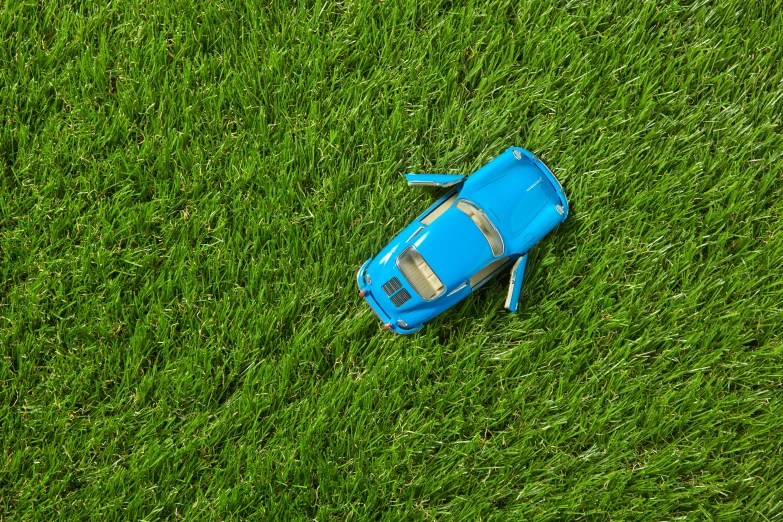 a toy car sitting on top of a lush green field, electric blue, lying scattered across an empty, top - down photograph