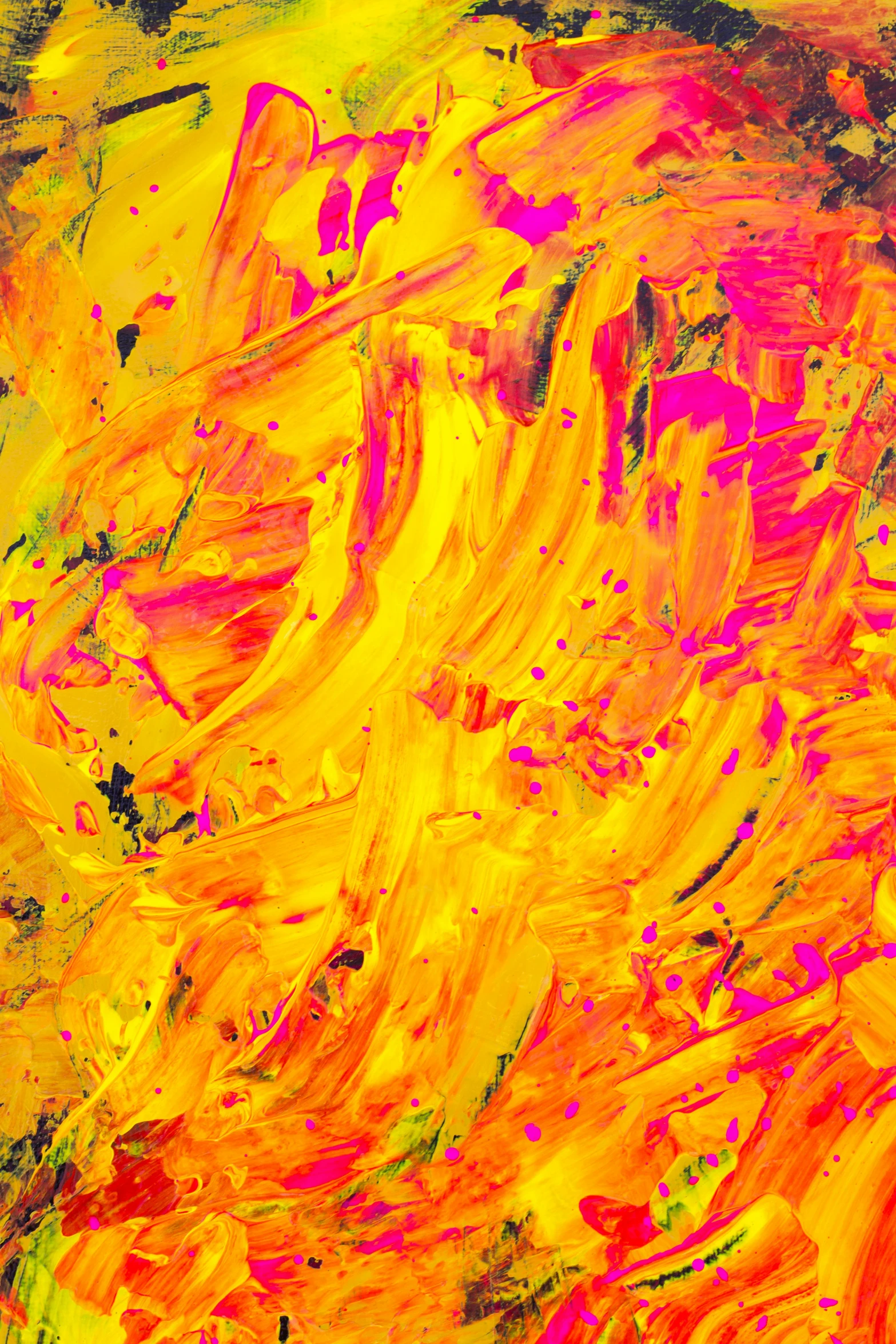 a painting with yellow and red paint on it, an acrylic painting, flickr, abstract expressionism, neon colors vibrant colors, pink and yellow, colorful fire, ( ( abstract ) )