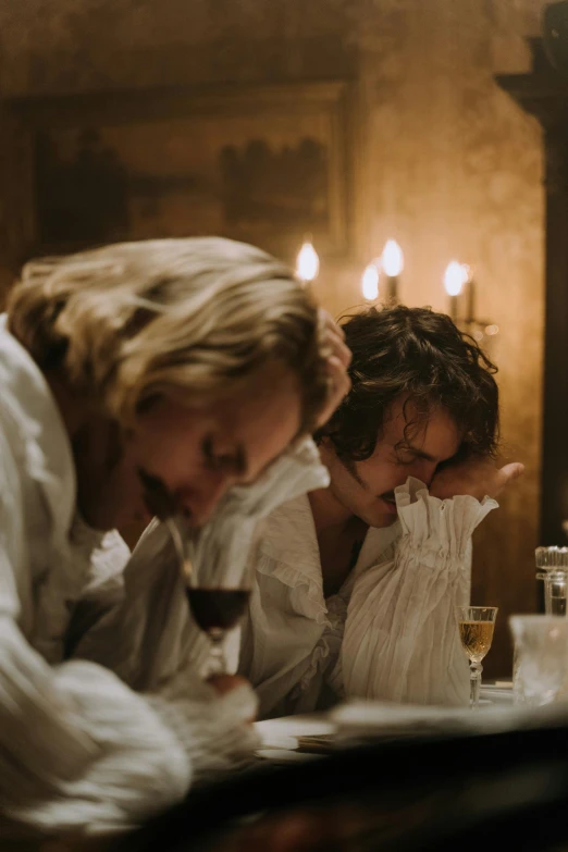 a group of people sitting around a table, by Jan Lievens, trending on unsplash, renaissance, movie still of a tired, romantic couple, white russian clothes, still shot from movie