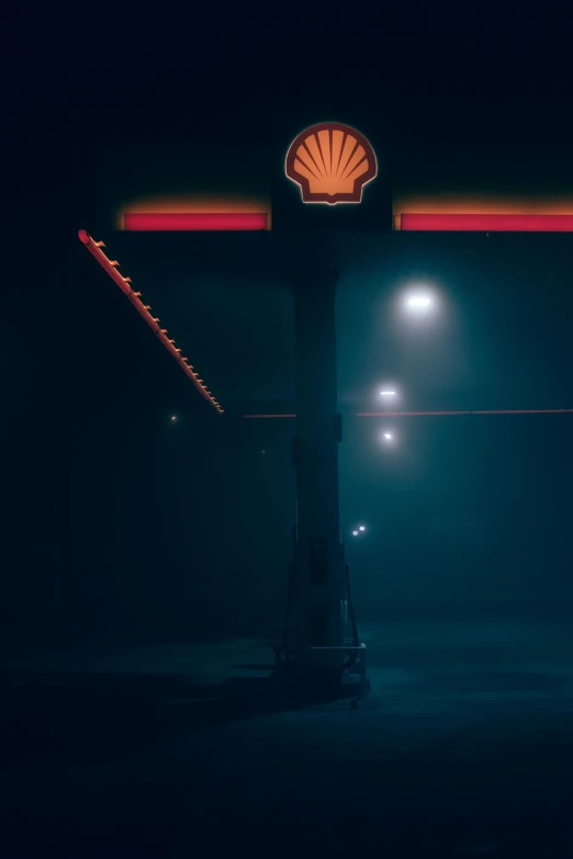 a gas station in the dark at night, inspired by Elsa Bleda, conceptual art, foggy sky, shell, 2 5 6 x 2 5 6 pixels, octane]