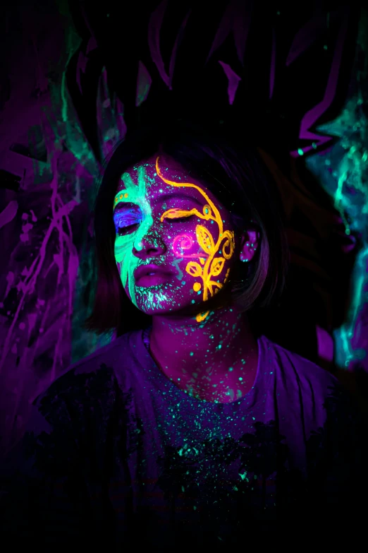 a woman with fluorescent paint on her face, by Meredith Dillman, pexels contest winner, process art, lime and violet, intricate glow accents, neon landscape, coloured film photography