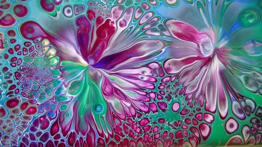 a close up of a painting of flowers, flickr, psychedelic art, iridescent soapy bubbles, fractal silk, pink and teal, ilustration