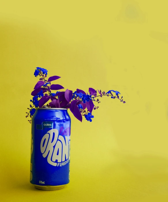 a can of soda with purple flowers in it, by Ryan Pancoast, yellow and blue, octane 8, indoor shot, orantalist