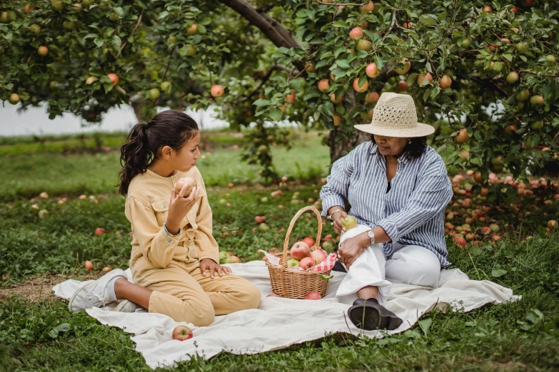 a woman sitting next to a little girl on a blanket, pexels contest winner, picking apples from a tree, wearing a linen shirt, sydney park, thumbnail