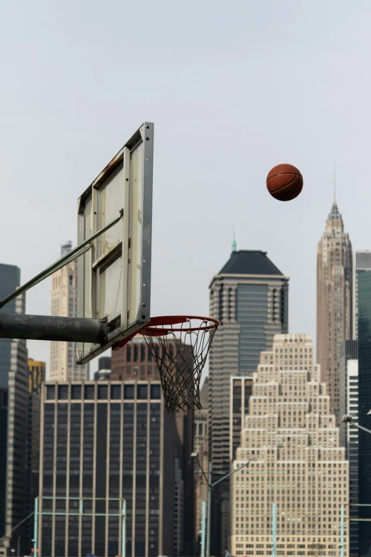 a basketball hoop in front of a city skyline, pexels contest winner, photorealism, new york times, let's play, panoramic shot, sports illustrated