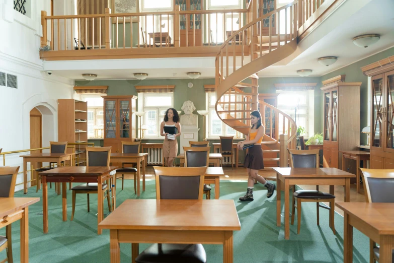 a room filled with lots of wooden tables and chairs, by Constantin Hansen, danube school, magic library, brown, kalevala, thumbnail