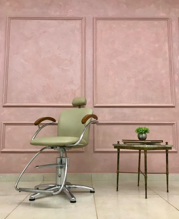 a chair sitting in front of a pink wall, featured on instagram, imperial and elegant hair style, candy treatments, grey, background image