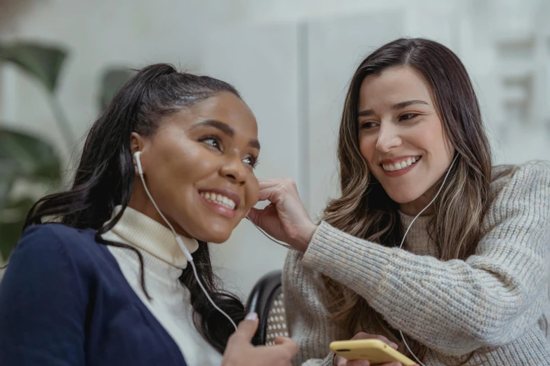 a woman brushing another woman's teeth with a toothbrush, trending on pexels, happening, girl wearing headphones, avatar image, college students, movie promotional image