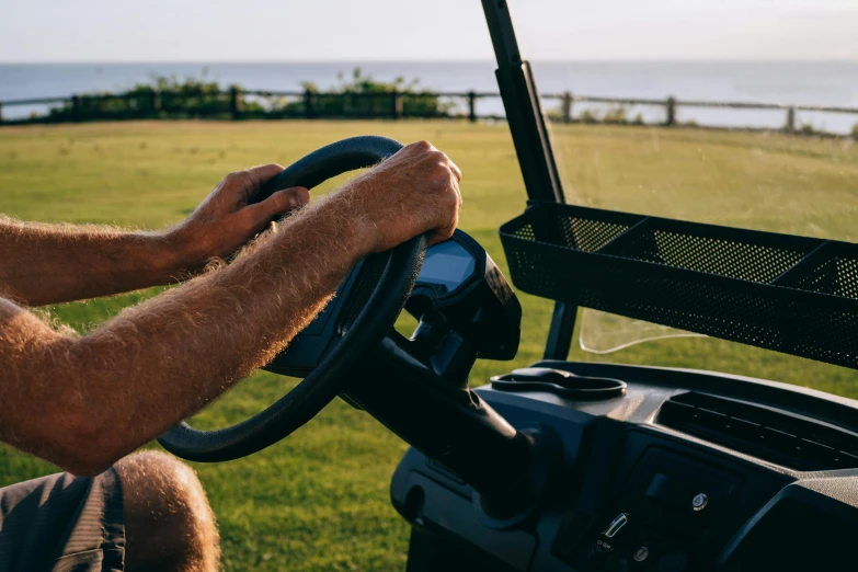 a man driving a golf cart on a golf course, a portrait, unsplash, views to the ocean, avatar image, detail shot, farming