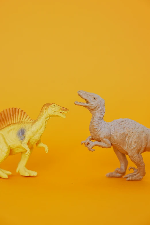 a couple of toy dinosaurs standing next to each other, by Carey Morris, trending on unsplash, in front of an orange background, albino, vp of marketing, fighting