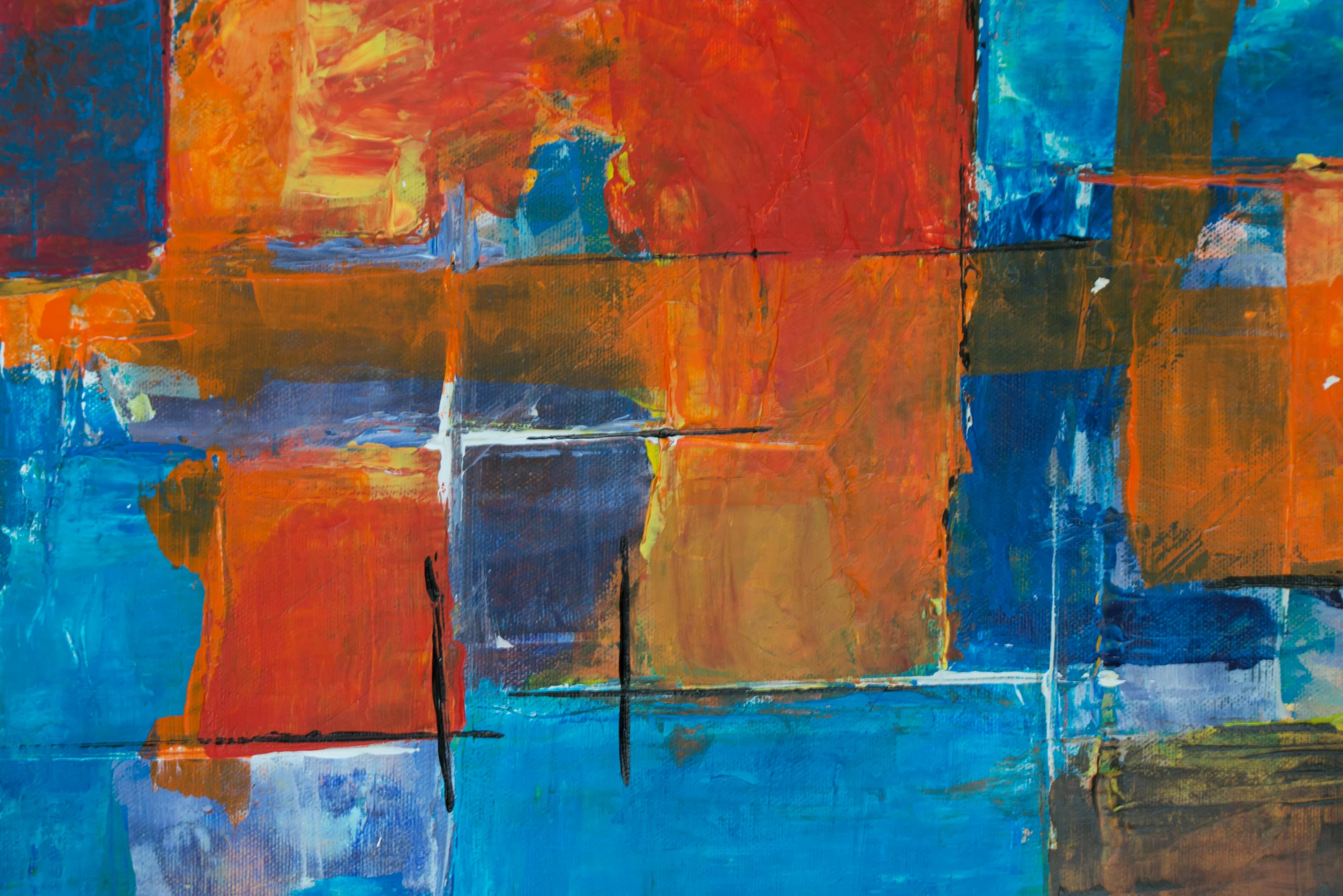 an abstract painting with orange and blue colors, inspired by Richard Diebenkorn, pexels, squares, abstract high quality, multi-part, brown red blue