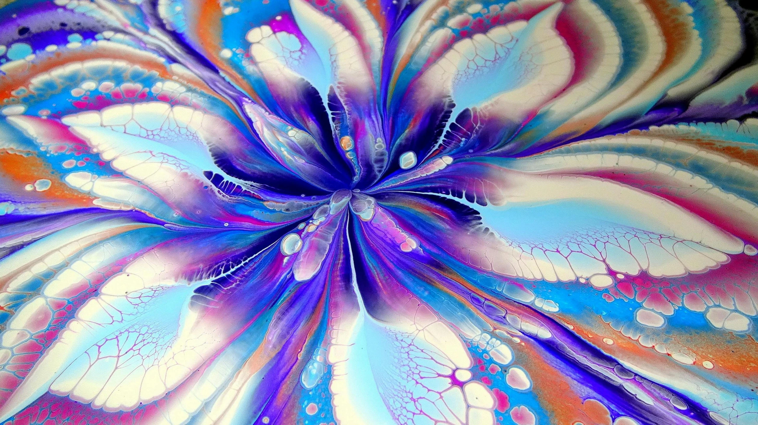 a close up of a painting of a flower, an airbrush painting, inspired by Penny Patricia Poppycock, abstract art, purple and blue neon, resin and clay art, highly detailed and hypnotic, colourful explosion