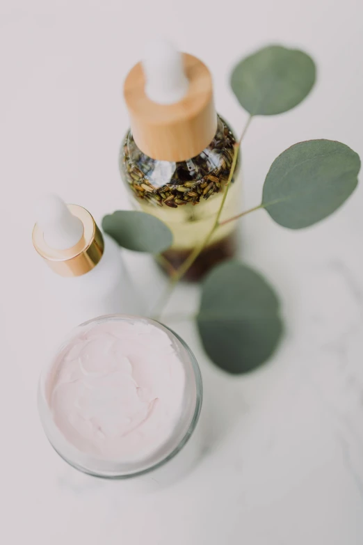 a bottle of cream sitting on top of a table, by Olivia Peguero, unsplash, renaissance, cosmetics, background image, plants, bubbly