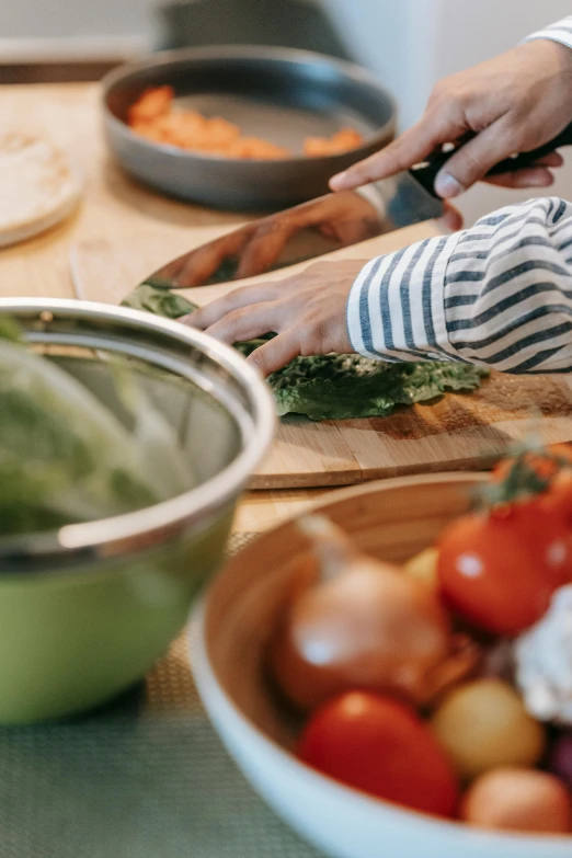 a person cutting vegetables on a cutting board, bowl filled with food, comforting and familiar, profile image, pots and pans