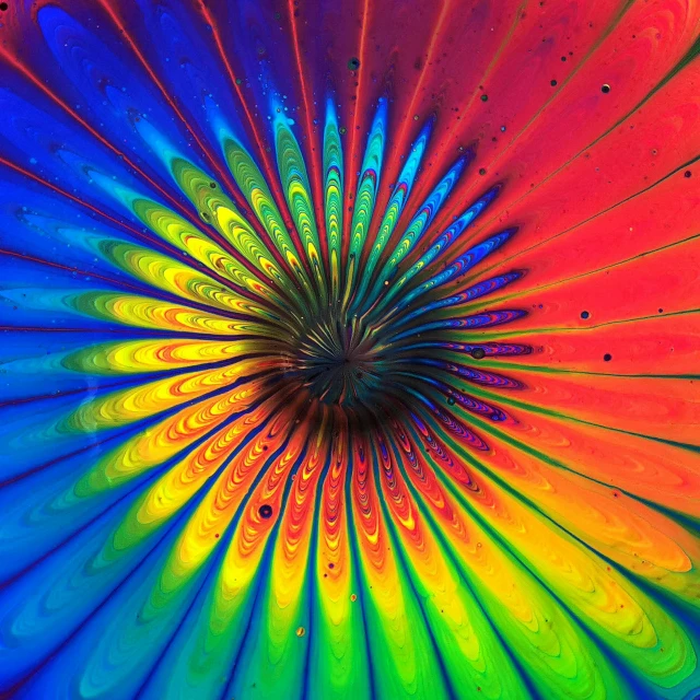 a close up of a rainbow colored umbrella, a microscopic photo, inspired by Gabriel Dawe, flickr, psychedelic art, swirly liquid fluid abstract art, is being drawn into a blackhole, psychedelic fern, infinite fractal mandala tunnel