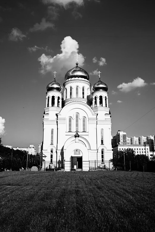 a black and white photo of a church, by Ihor Podolchak, square, trinity, summer, -n 5