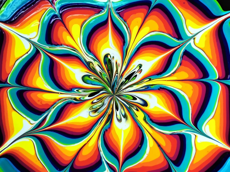 a colorful flower on a black background, by Jon Coffelt, psychedelic art, inside a marble, tripping on lsd, refracted color lines, liquid fire