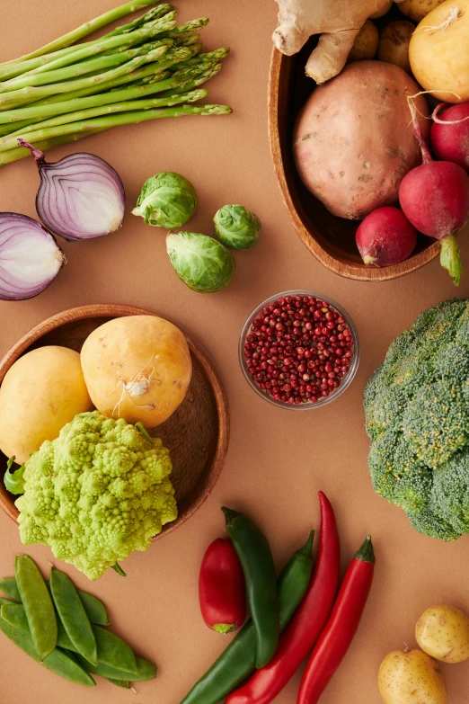 a table topped with lots of different types of vegetables, a still life, shutterstock contest winner, top down shot, broccoli, earthy colors, plain background