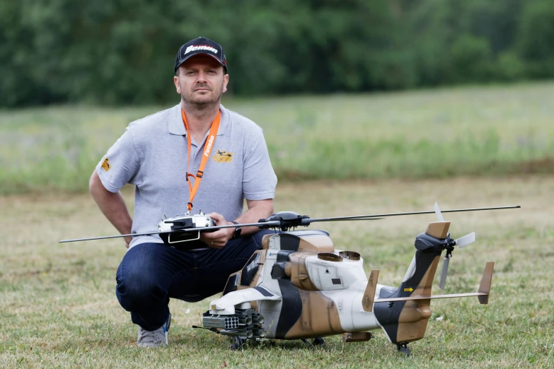 a man holding a remote control helicopter in a field, dominik mayer, extremely lifelike, thumbnail, high-resolution photo