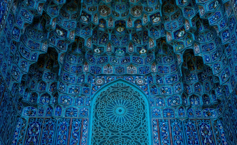 a picture of the inside of a building, a mosaic, by Kamāl ud-Dīn Behzād, unsplash contest winner, cloisonnism, penned in cyan ink, intricate beautiful close up, oriental wallpaper, blue and gray colors