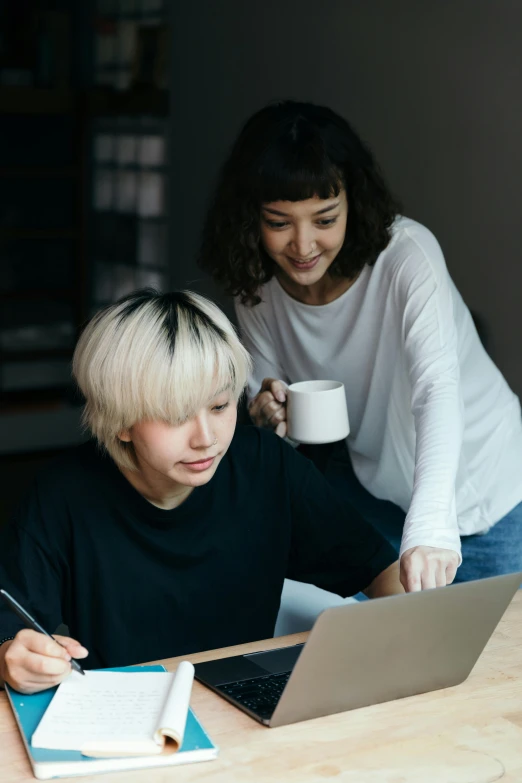 a couple of people sitting at a table with a laptop, by Jang Seung-eop, woman holding another woman, teaching, blonde crea, ethnicity : japanese