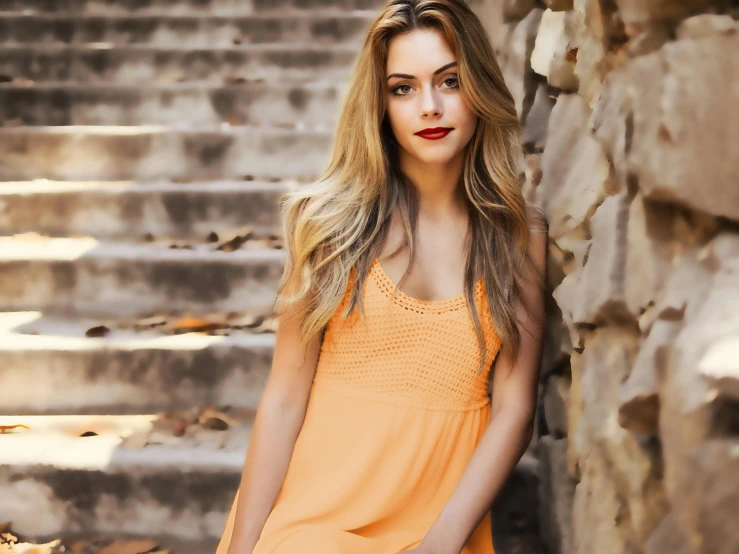 a woman in an orange dress sitting on some steps, inspired by Elsa Bleda, pexels contest winner, renaissance, blonde and attractive features, teen girl, sydney sweeney, beautiful mexican woman