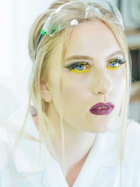 a close up of a person wearing a white shirt, a colorized photo, inspired by Louisa Matthíasdóttir, unsplash, yellow makeup, young blonde woman, big glass eyes, dark lipstick