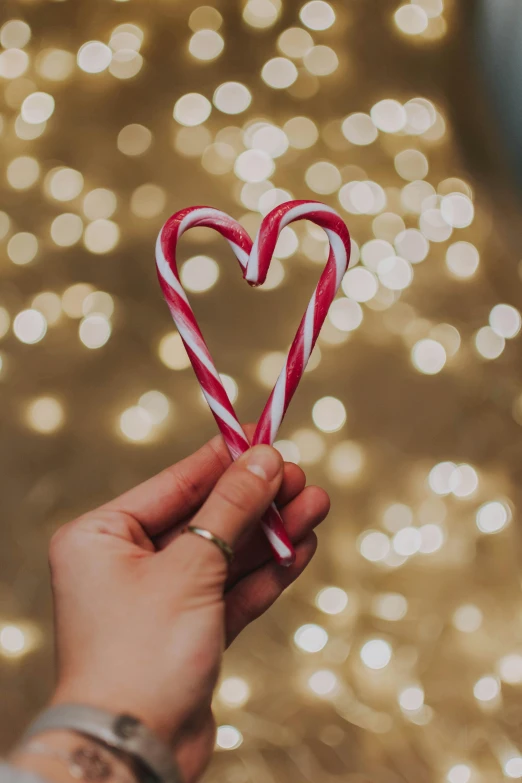 a person holding a candy cane in their hand, rose gold heart, beautifully lit, zoomed in, festive