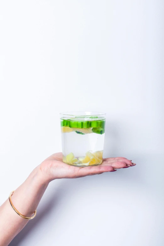 a close up of a person holding a glass of water, infused, lush oasis, with a white background, small in size