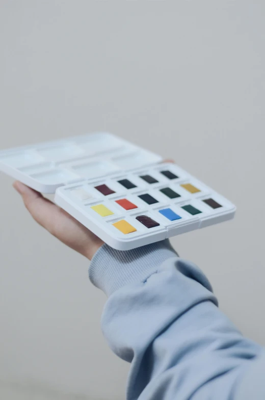 a person holding a palette in their hand, a watercolor painting, inspired by Yanjun Cheng, unsplash, color field, miniature product photo, dieter rams, square, f 1.4 kodak portra