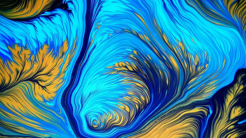 a close up of a painting of blue and yellow, an ultrafine detailed painting, by George Aleef, pexels, generative art, colorful swirly magical ripples, liquid golden and black fluid, 4k highly detailed digital art, behance art