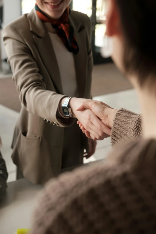 a woman shaking hands with a man in a suit, by Adam Marczyński, pexels contest winner, renaissance, wearing a worn out brown suit, selling insurance, multi-part, thumbnail