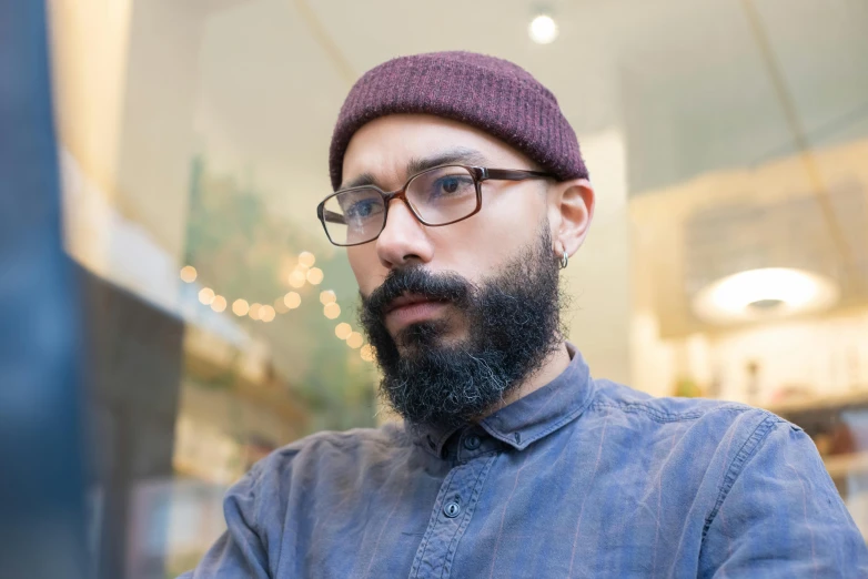 a man with a beard wearing glasses and a hat, pexels contest winner, hyperrealism, frank cho, avatar image, bald with short beard, in square-rimmed glasses