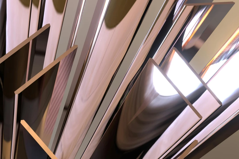 a close up of a mirror on a wall, inspired by Zaha Hadid, stylized pbr materials, nvidia raytracing demo), copper, chrome tubes