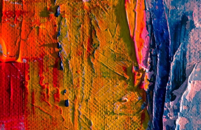 a close up of a painting with different colors, inspired by William Thon, unsplash, abstract art, vibrant deep saturated colors, highly textured oil painting, evening sunlight, very small brushstrokes