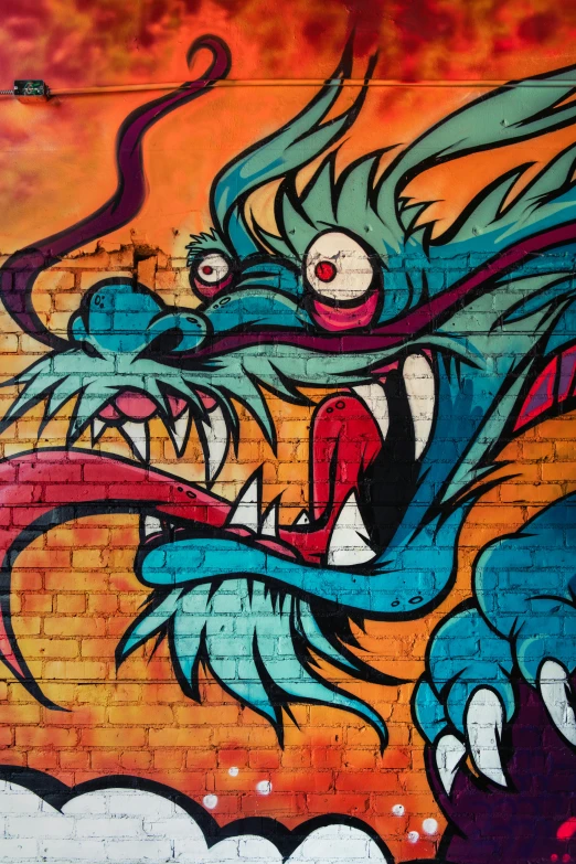 a mural of a dragon on a brick wall, graffiti art, inspired by Paul Feeley, pexels contest winner, wok, fierce expression 4k, medium [ graffiti, 64x64